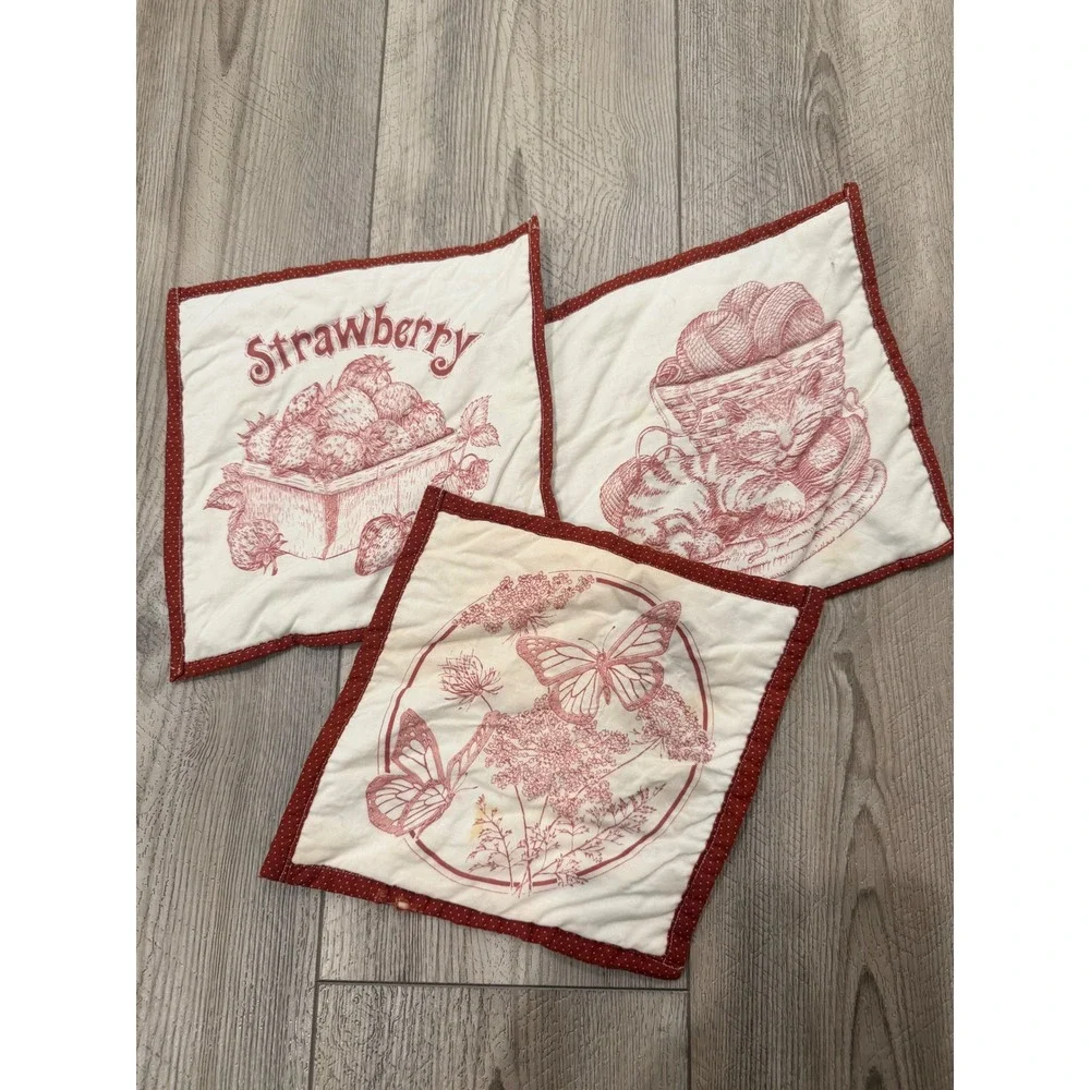 Vintage Set of 3 Quilted Fabric Coasters Red Toile Strawberry Cat Butterfly 8.5